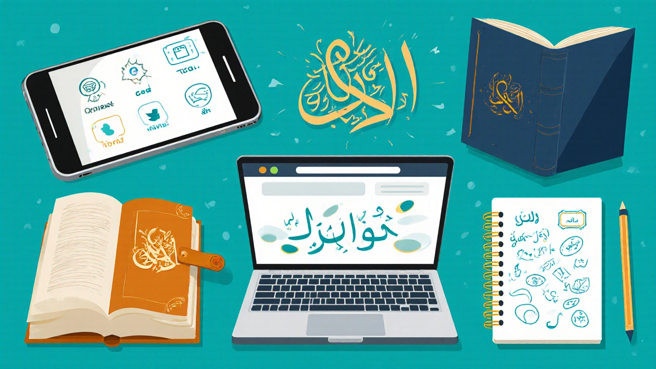 أدوات تعلم العربية (كتاب، هاتف، حاسوب) تتجمع حول نص عربي.