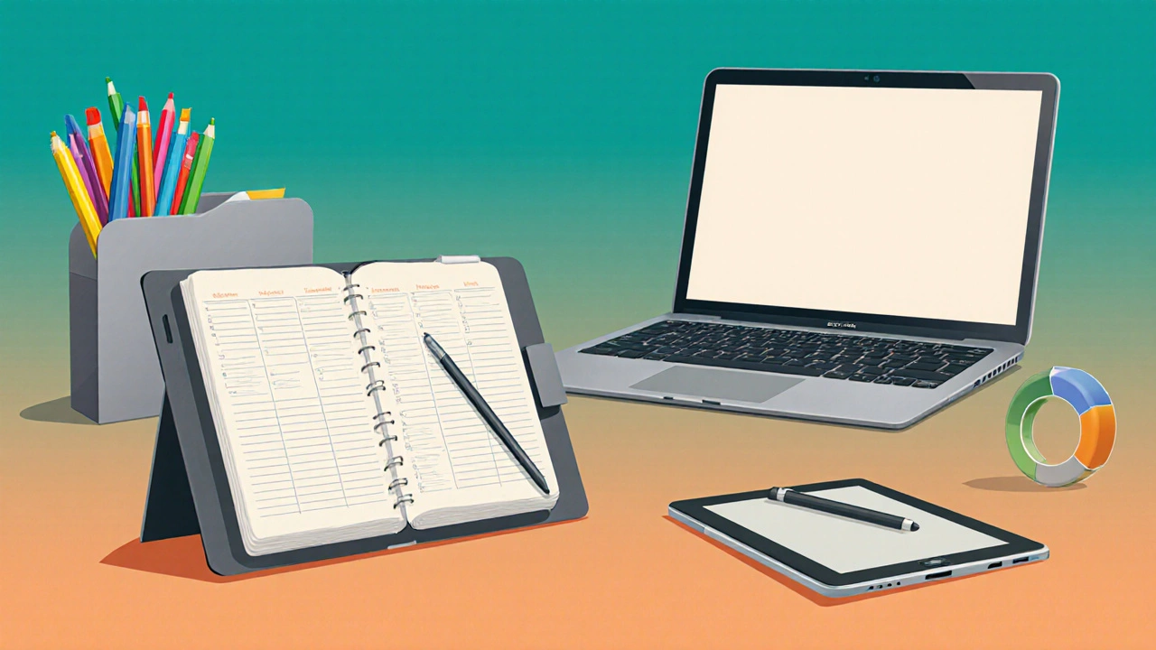 أدوات تنظيمية وتقنية تشمل مخطط أسبوعي، ملف، أقلام ملونة، جهاز لوحي وقلم رقمي.