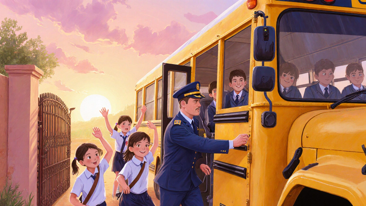 حافلة مدرسية عند باب المدرسة مع سائق وفتيان يركبون، إضاءة شمسية دافئة.