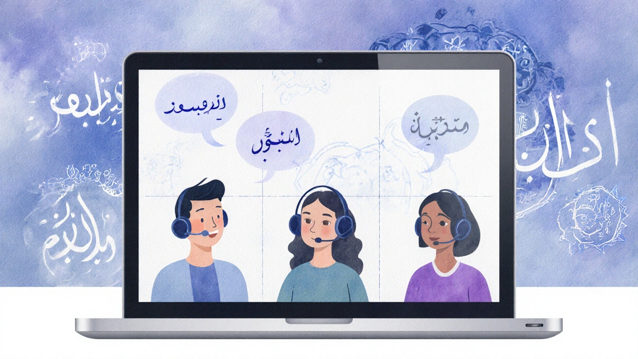 مجموعة صغيرة تتحدث العربية عبر مكالمة فيديو مع سكريبت عربي خلفية.