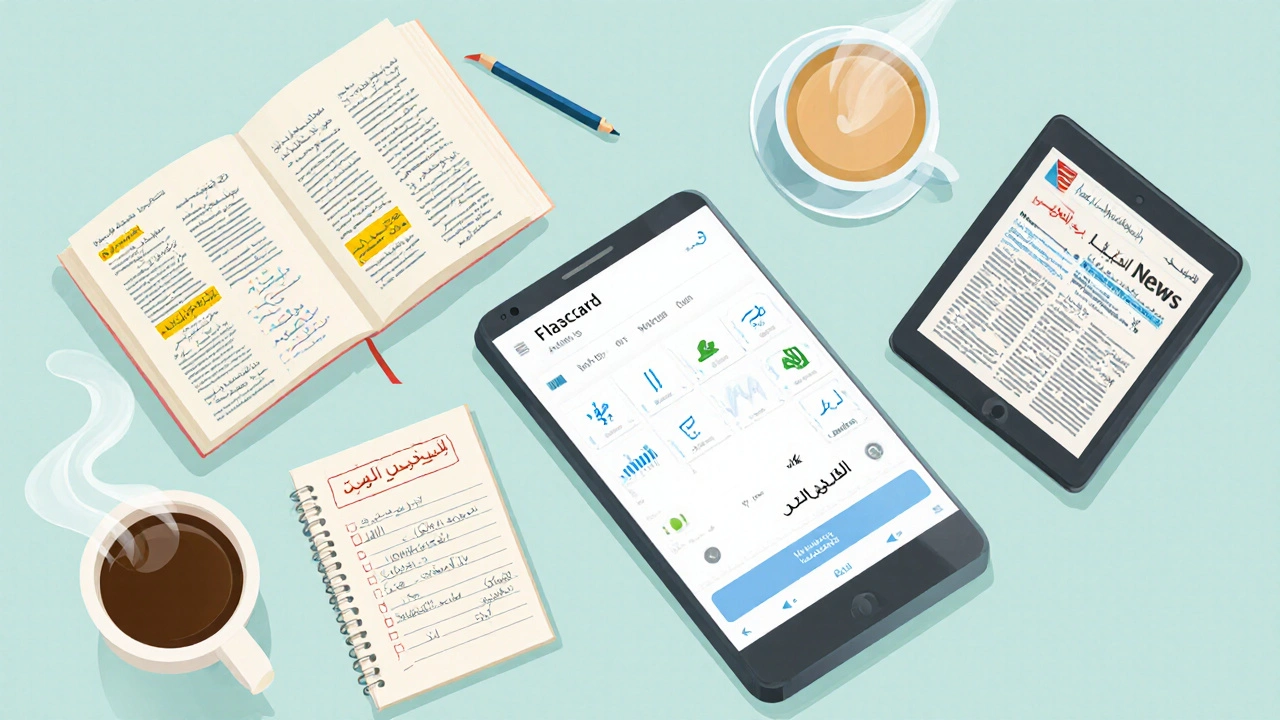 مساحة عمل رقمية مع هاتف لتطبيق تعلم العربية وقاموس ومفكرة.