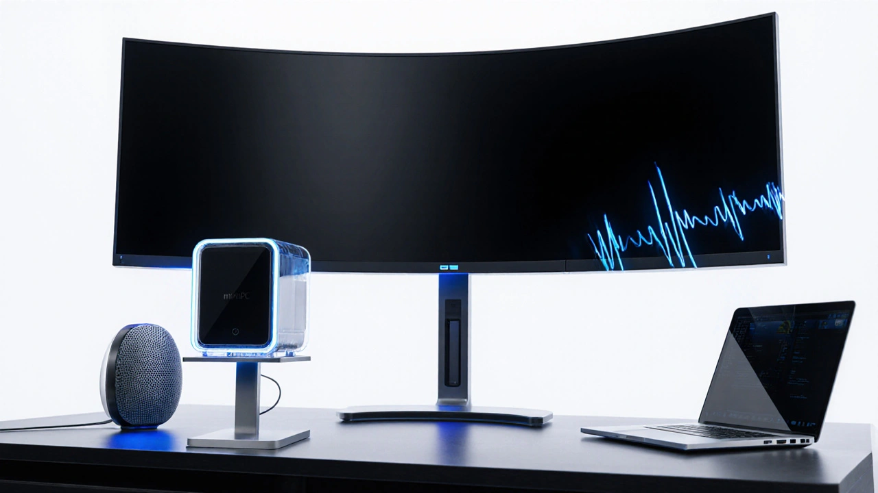 مشهد مستقبلي لمكتب يحتوي على Mini‑PC، محطة إرساء، شاشة منحنية فائقة الاتساع، وتحكم صوتي.