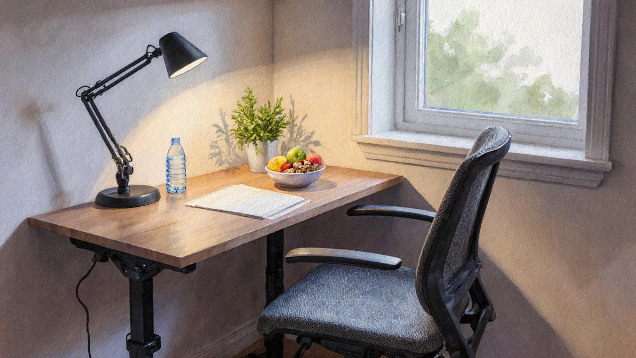 ركن دراسة مريح مع كرسي مريح، إضاءة LED، نبات، زجاجة ماء، ووجبة خفيفة صحية.
