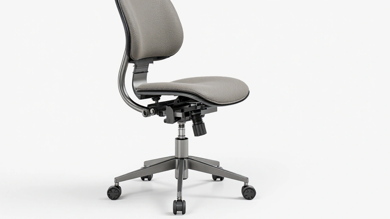 رسمة توضيحية مكوِّنات كرسي جابر: الإطار الفولاذي، نظام الارتفاع الهوائي، الغطاء الجلدي.