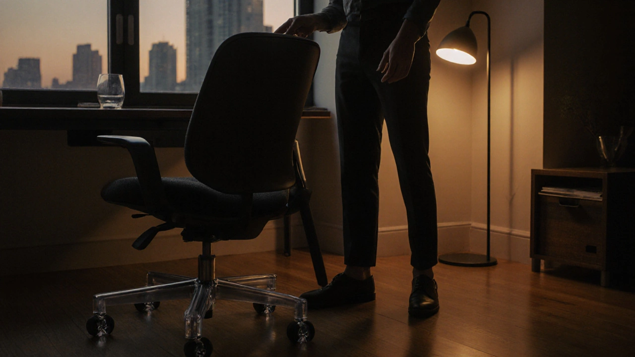 شخص يضبط ارتفاع كرسي جابر في مكتب منزلي حديث عند الغسق.
