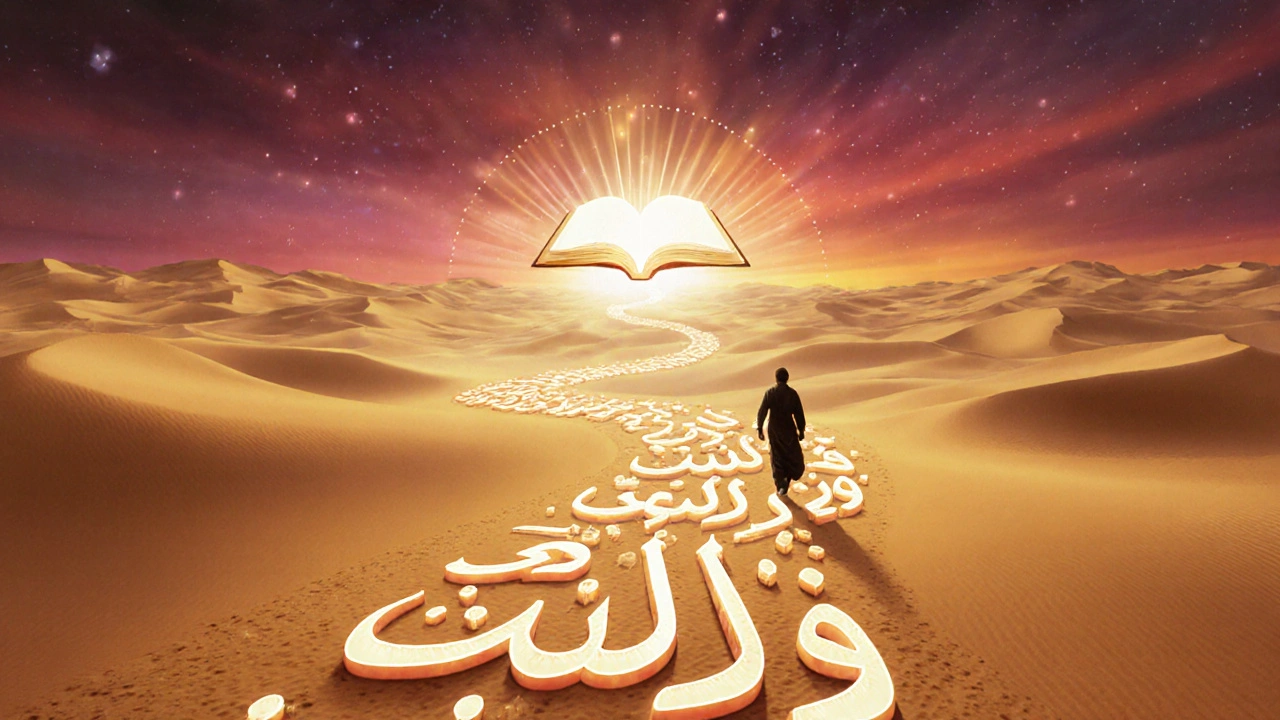 شخص يمشي على طريق من حروف عربية نحو قبة إشراقة تعبر عن الإتقان.