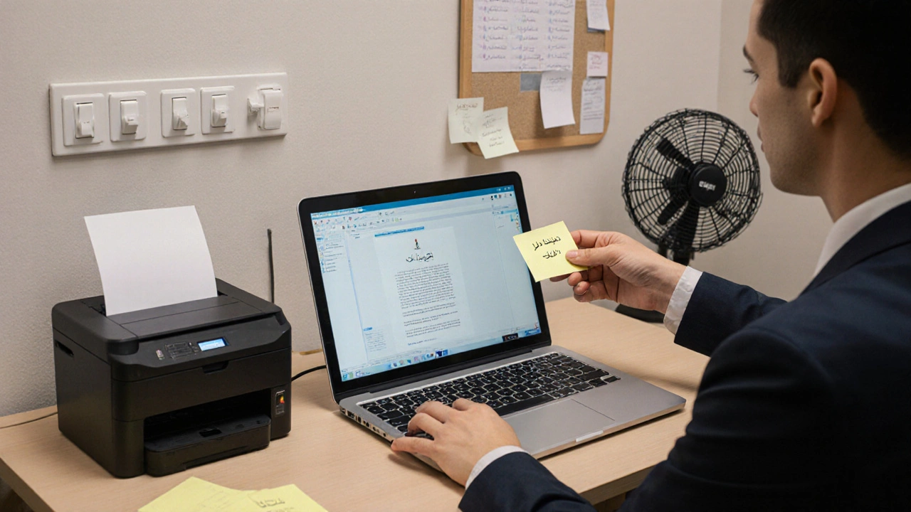 عامل مكتب يطبع مستندًا بطابعة لاسلكية بينما يسلم له زميل ملاحظة لاصقة.