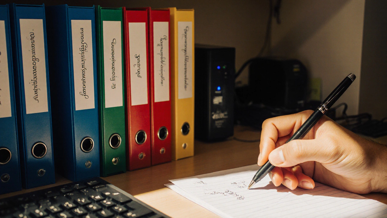 يد تكتب بقلم على ورقة بجانب مجلدات ملونة ومفتاحية كمبيوتر باللغة العربية.